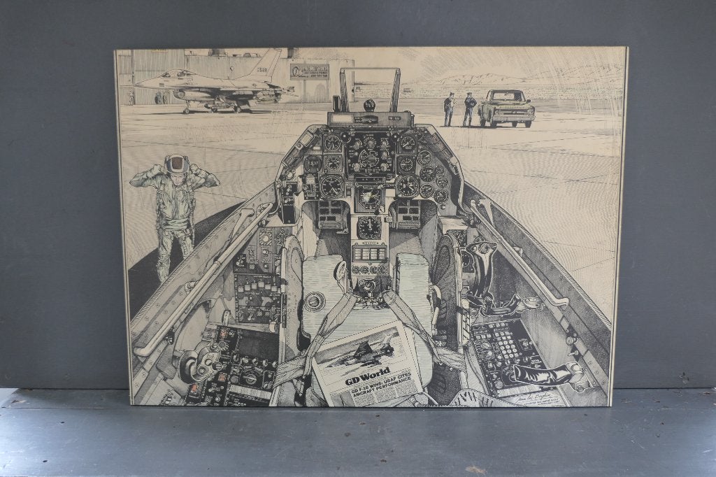 Vintage Jean Luc Beghin F-16 tekening print 1975 op plaat, Antiek en Kunst, Kunst | Litho's en Zeefdrukken, Ophalen of Verzenden