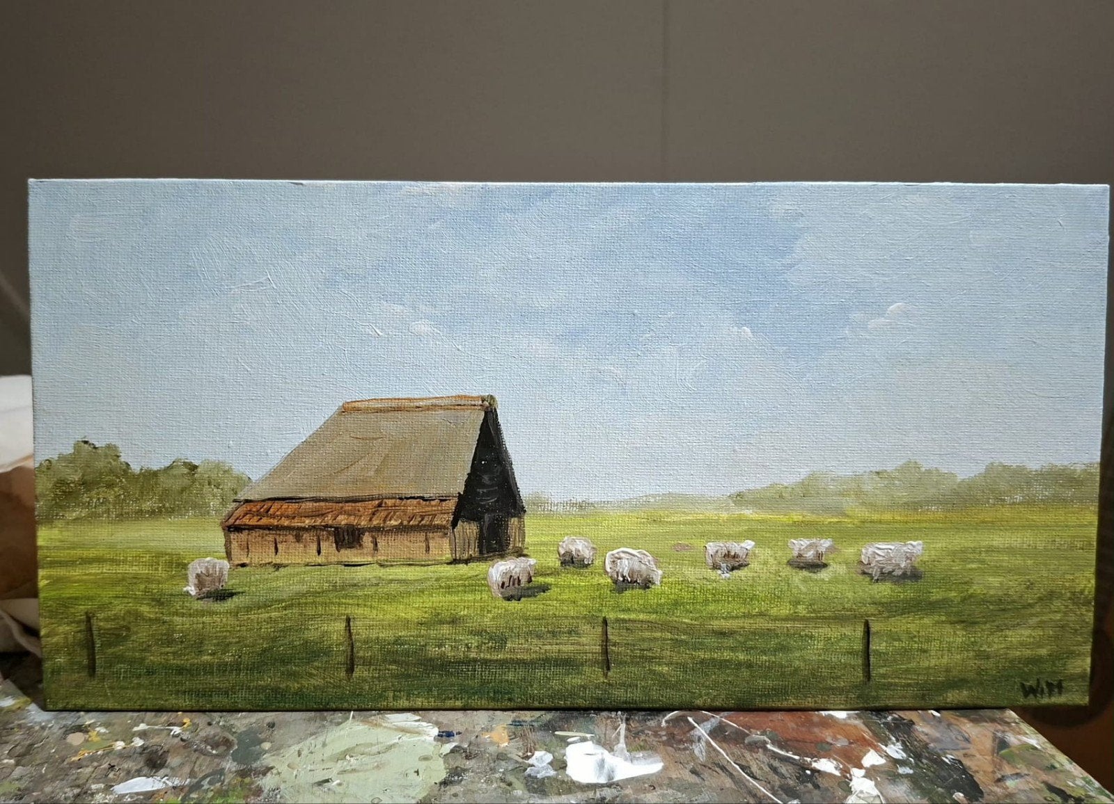 texel schilderij Landschap met schuur en schapen, Acrylverf, Doek, Realistisch, Ophalen of Verzenden