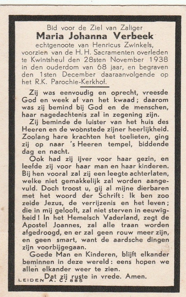 maria johanna verbeek-zwinkels-1938, Verzamelen, Ophalen of Verzenden, Bidprentje