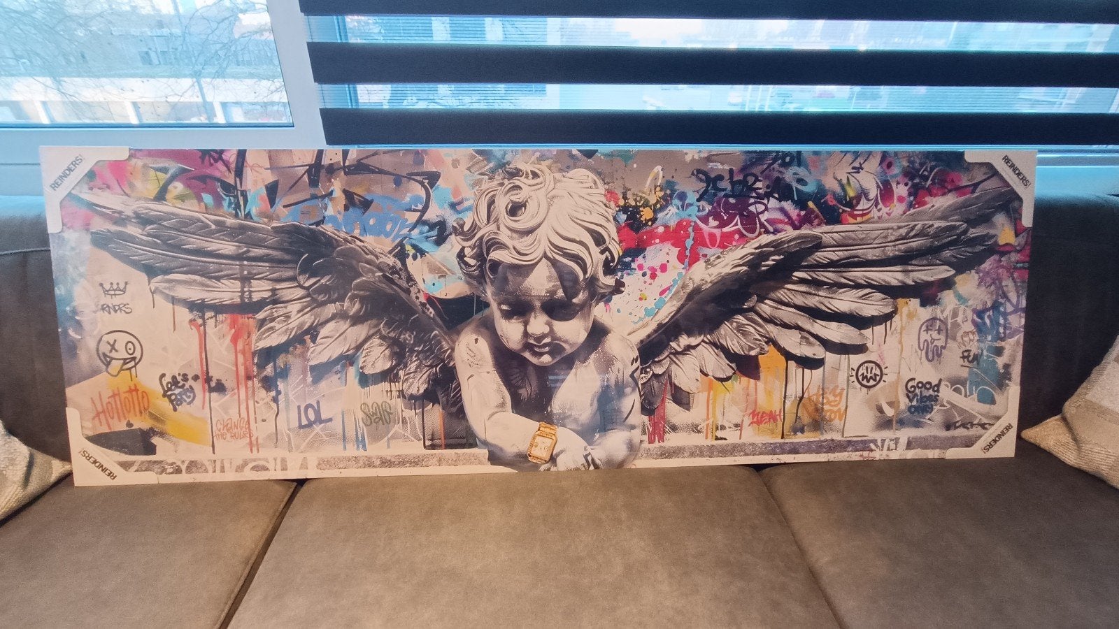 schilderij funky angel 52x156cm. MDF, Antiek en Kunst, Ophalen, Print, Op houten frame, Hout