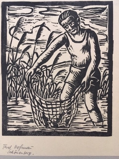 Ferd. Hofmann (XX-XX) Houtsnede 'Visser' ~1935, Antiek en Kunst, Ophalen of Verzenden