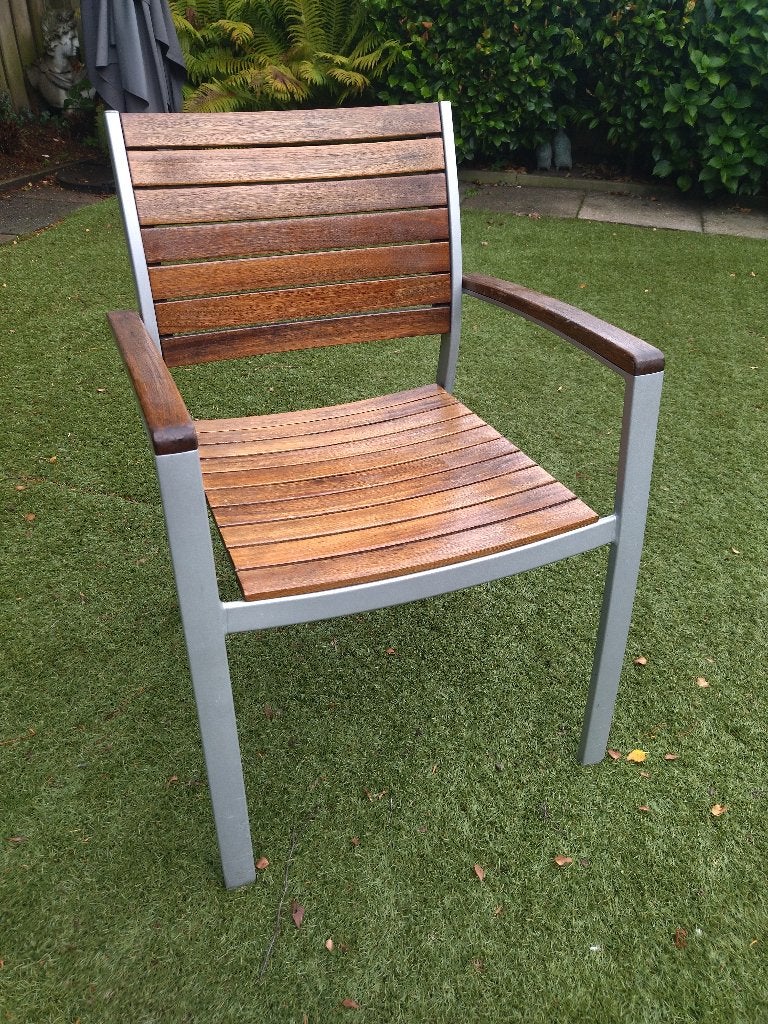 Set van 6 metaal/hout terrasstoelen, Tuin en Terras, Ophalen, Zo goed als nieuw, Hout, Stapelbaar