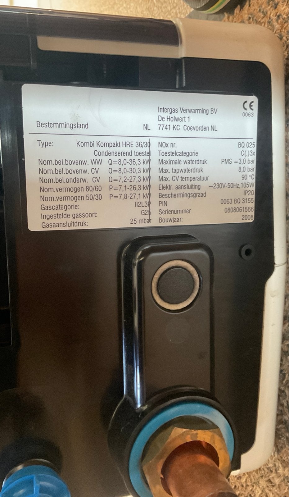 Intergas HRE 36/30 Kombi Kompakt CV-ketel, Ophalen, Gebruikt, Hoog rendement (Hr), Cv-ketel of Combi-ketel