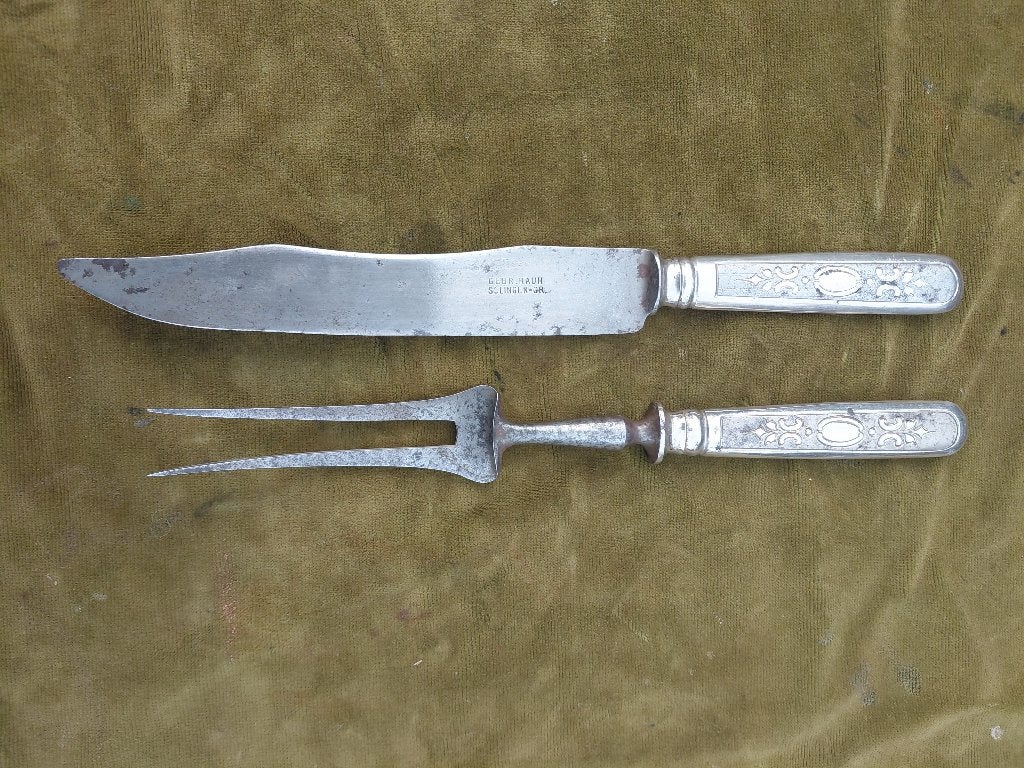 Antieke zilverkleurige tranceerset, mes en vork., Verzenden