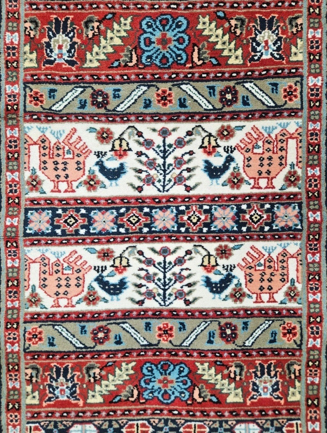 Handgeknoopt oosters wol vrolijk tapijt Tunesië 90x155cm, Crème, Persian, Perzisch, vintage, oosters, hype, Www.hypepopup.nl, Zo goed als nieuw