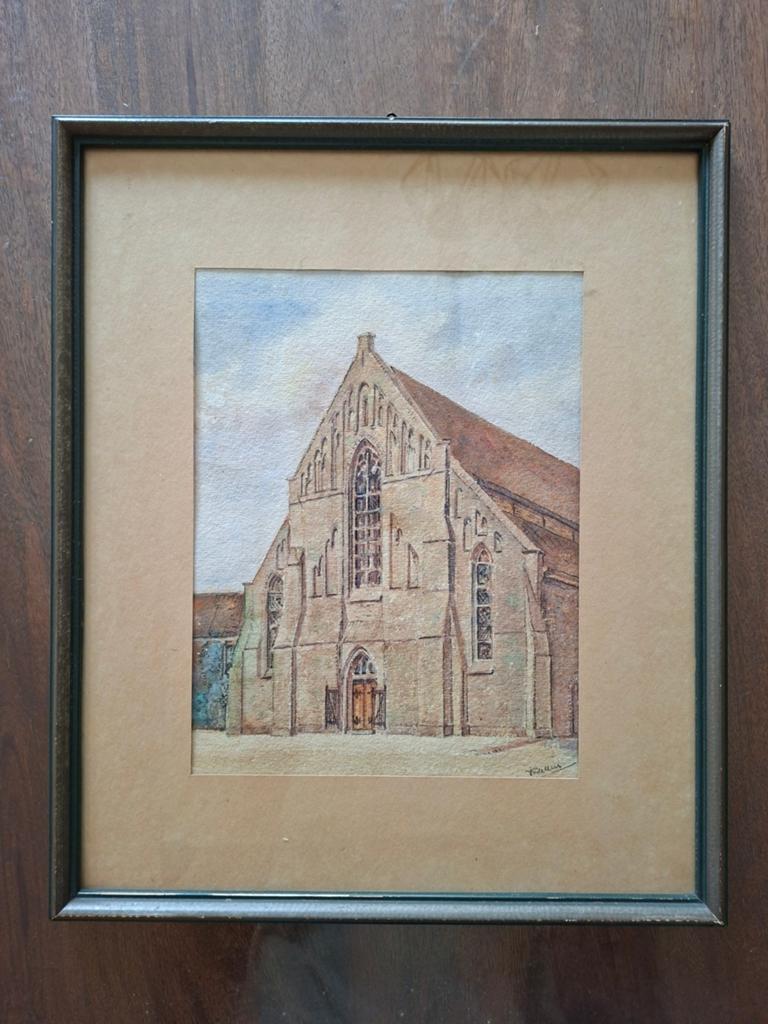 Oude aquarel Broerekerk Bolsward met signatuur, Ophalen of Verzenden