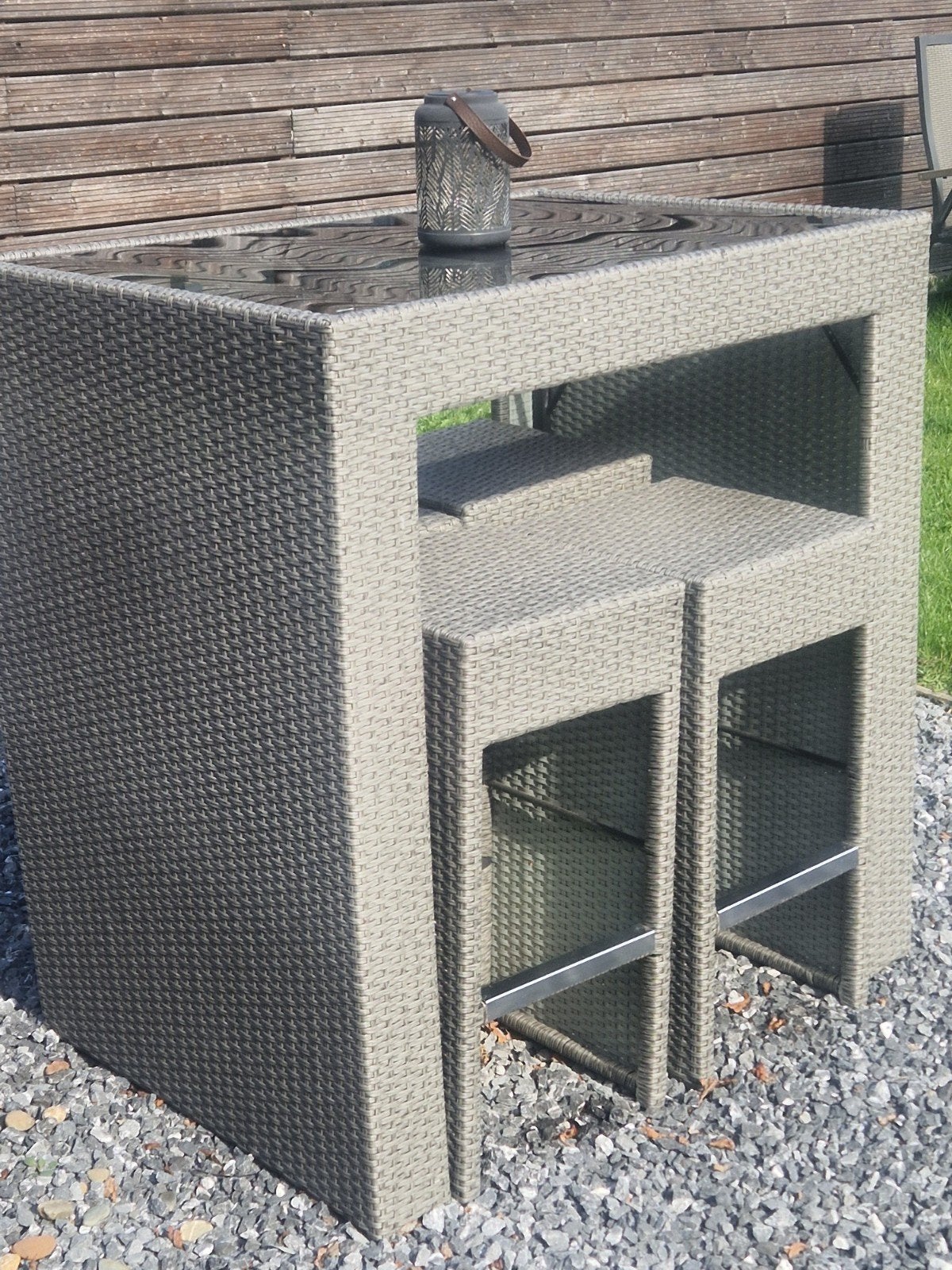 Wicker bartafel met 4 krukken - Grijs, Ophalen, Zo goed als nieuw, Rechthoekig, Wicker