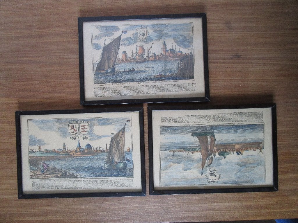 Nr.241: Antieke schilderijen 3 stuks Hoorn Enkhuizen en Edam, Origineel werk, Overige technieken, Ophalen of Verzenden, Landschap