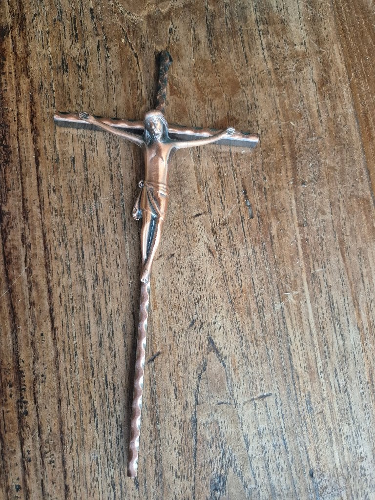 Vintage koperen kruisbeeld wanddecoratie Jezus, Ophalen of Verzenden