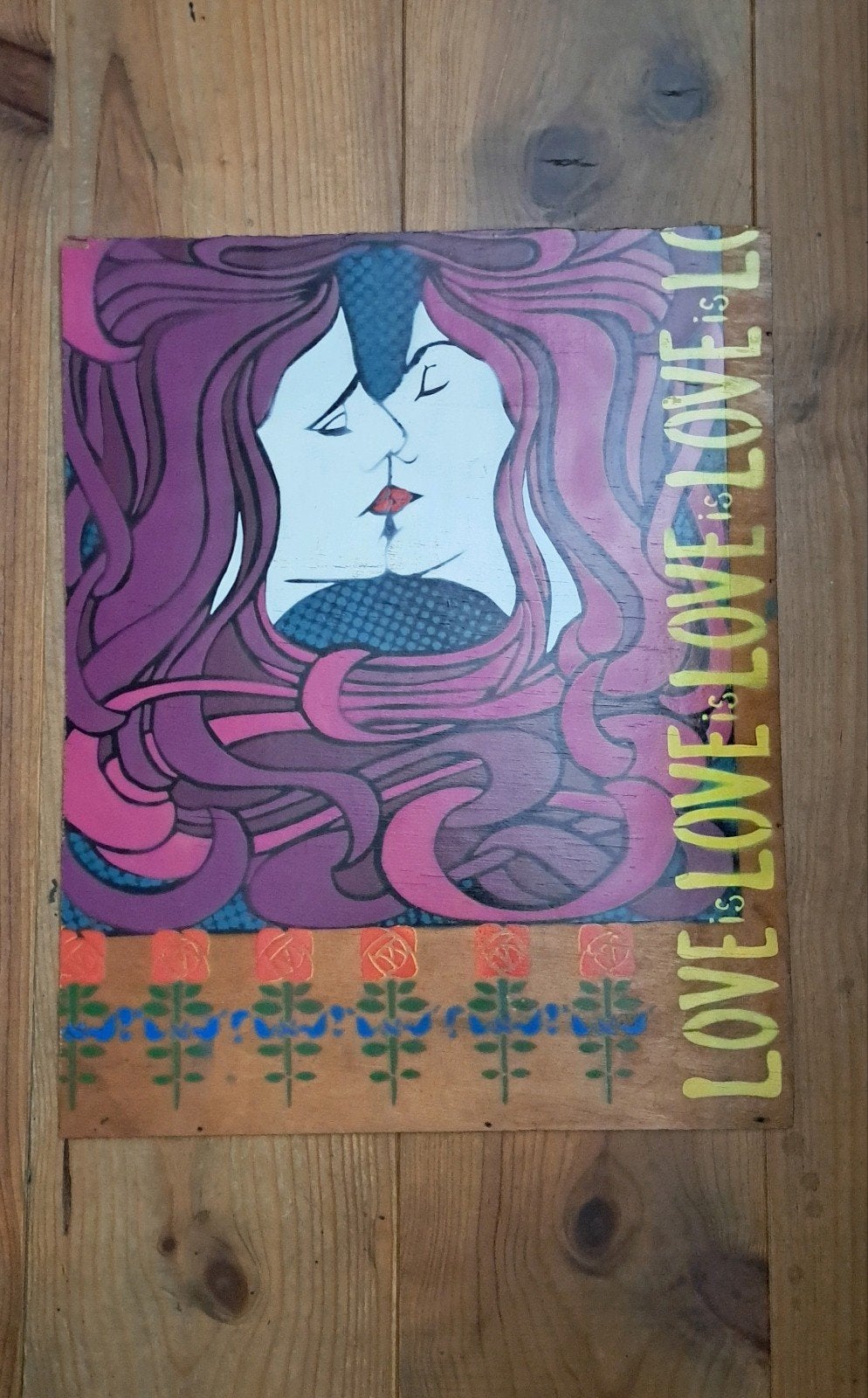Queer kunst naar werk Peter Behrens, Der Kuss. 40x50cm, Antiek en Kunst, Stencilkunst, Hout, Overig onderwerp, Gesigneerd