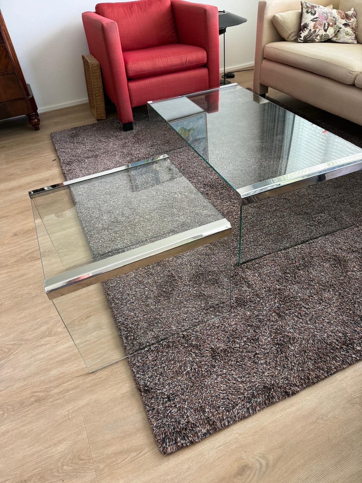 Set van 2 glazen salontafels met zilverkleurige strip, Ophalen, Gebruikt, 50 tot 100 cm, Glas