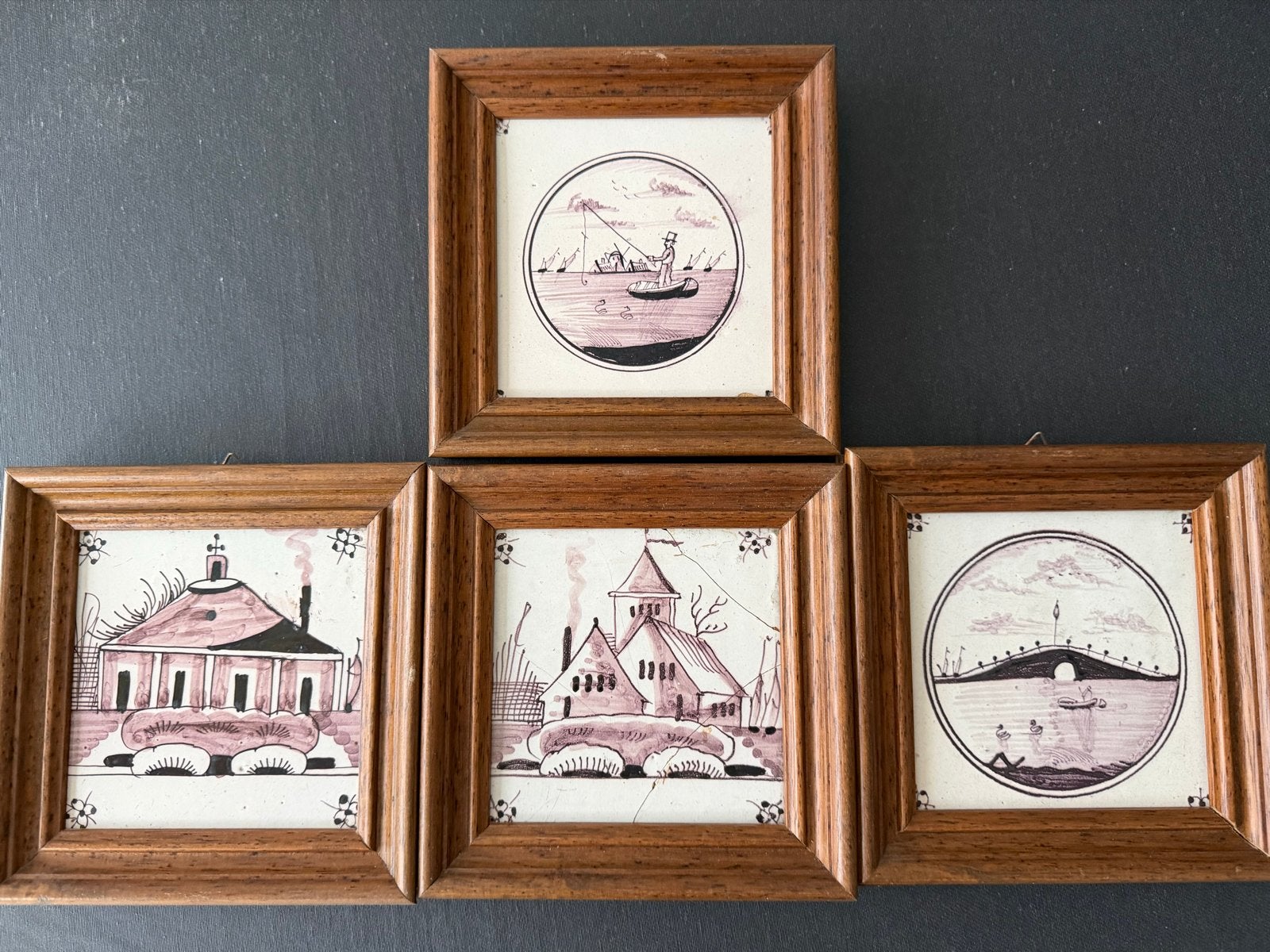 Antieke Nederlandse wandtegeltjes in houten lijstjes, Antiek en Kunst, Ophalen of Verzenden