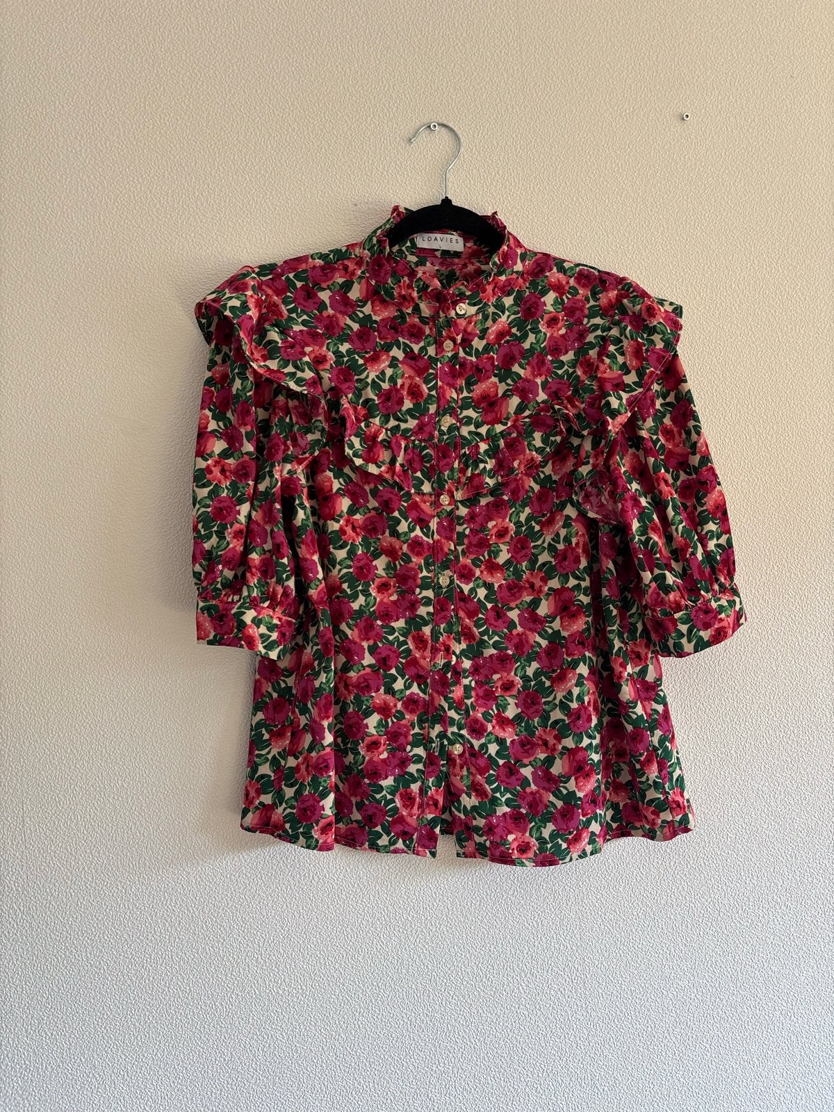 Loavies blouse maat L met pofmouwen en bloemetjes roze, Ophalen of Verzenden, Zo goed als nieuw, Maat 42/44 (L), Roze
