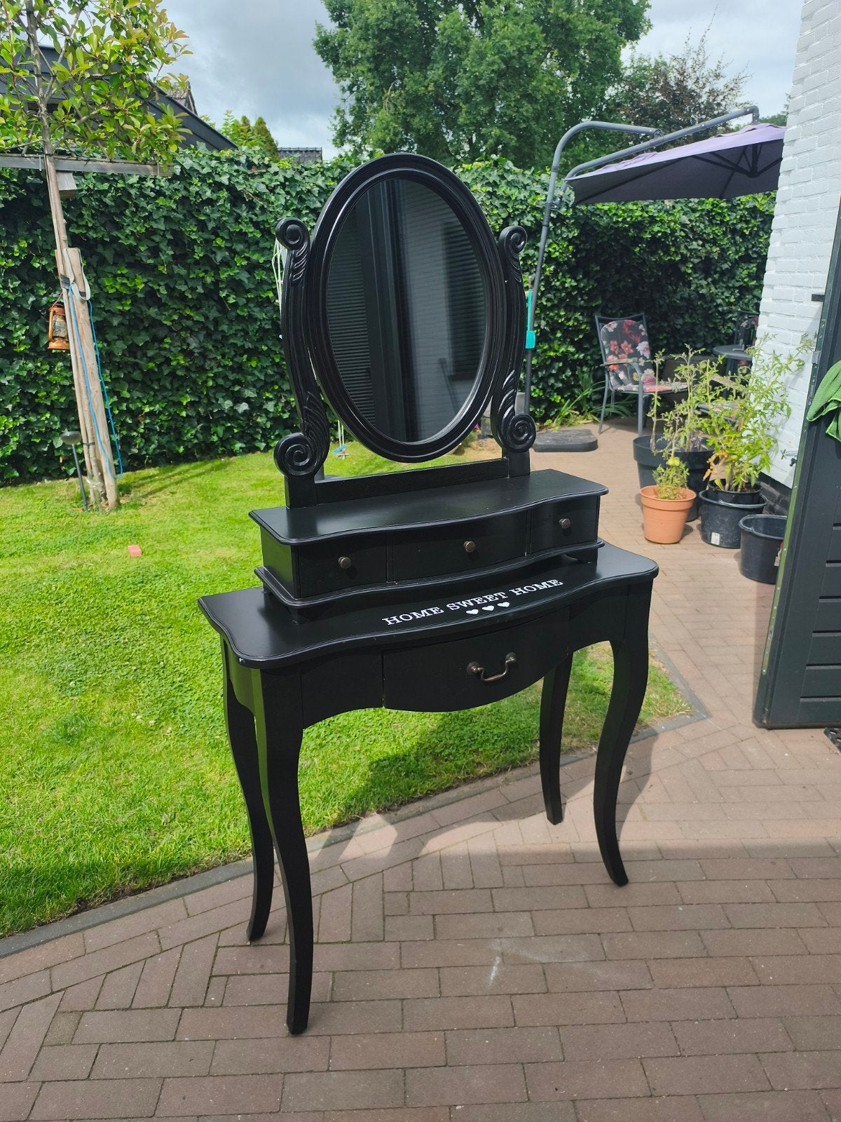 Zwarte make-up tafel met spiegel en lades, Ophalen, Gebruikt, 100 tot 150 cm, 50 tot 100 cm