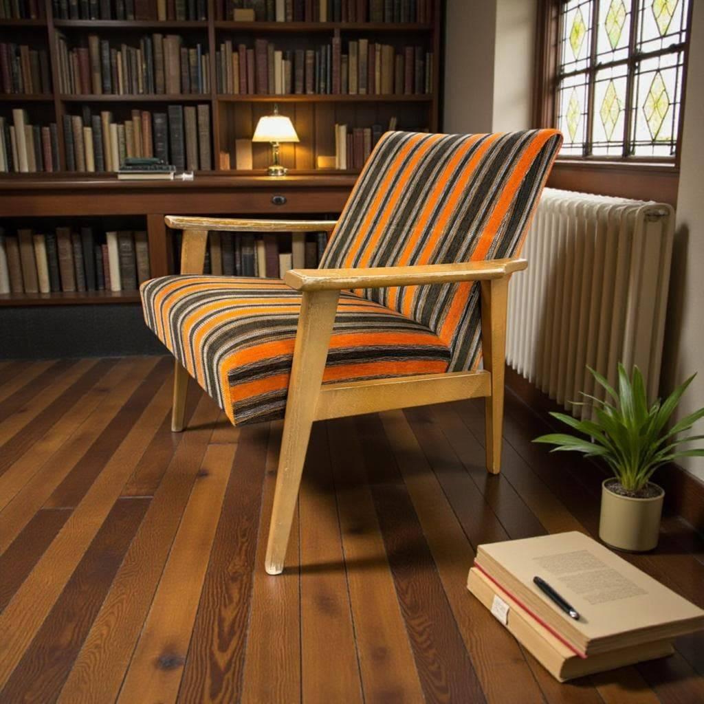 Vintage houten fauteuil /eenzit /loungestoel in oranje bruin, Ophalen
