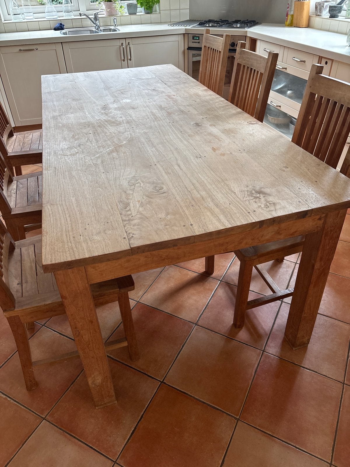 Teak eettafel met 6 stoelen - 100x220x79cm, Huis en Inrichting, Ophalen, Gebruikt, 100 tot 150 cm, Teakhout