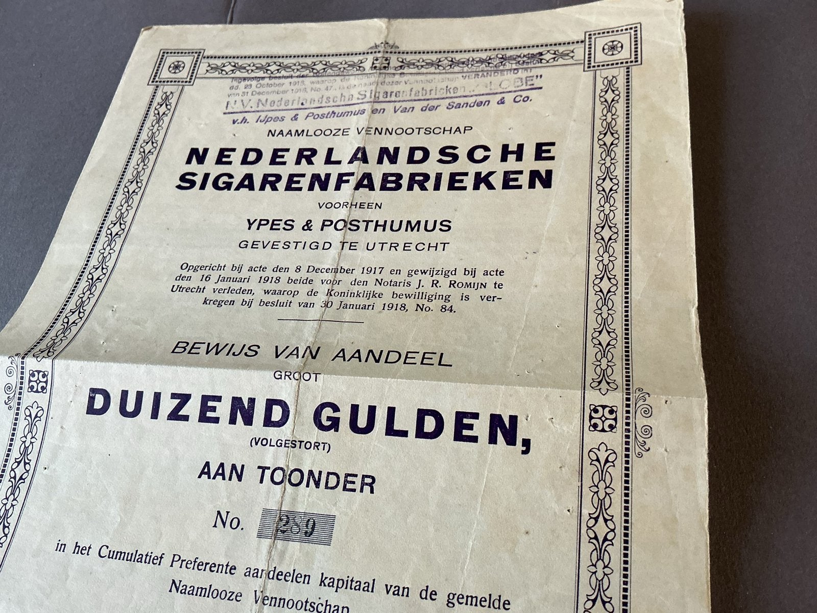 Oud aandeel Nederlandse Sigarenfabr.  Ypes & Posthumus 1918, Verzenden, Voor 1920, Aandeel