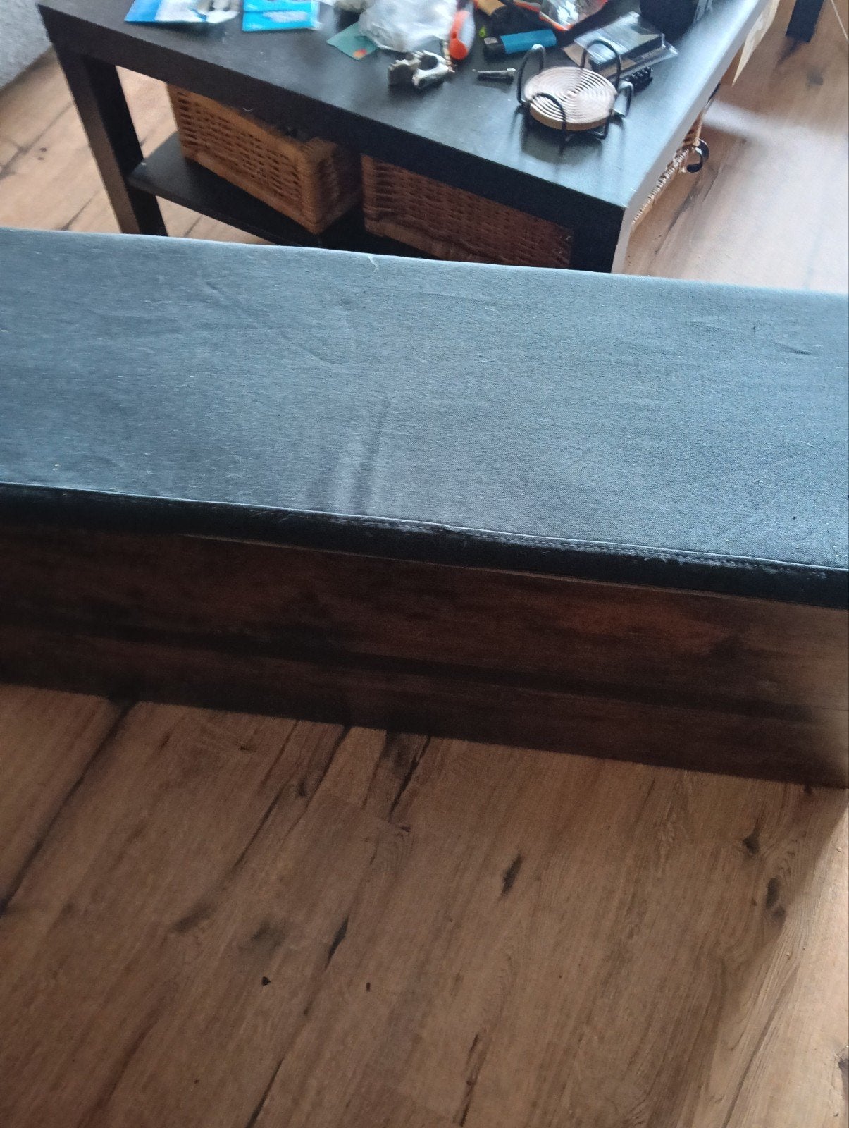 Houten bankje met stoffen zitting, Ophalen, Gebruikt, Minder dan 75 cm, 150 tot 200 cm
