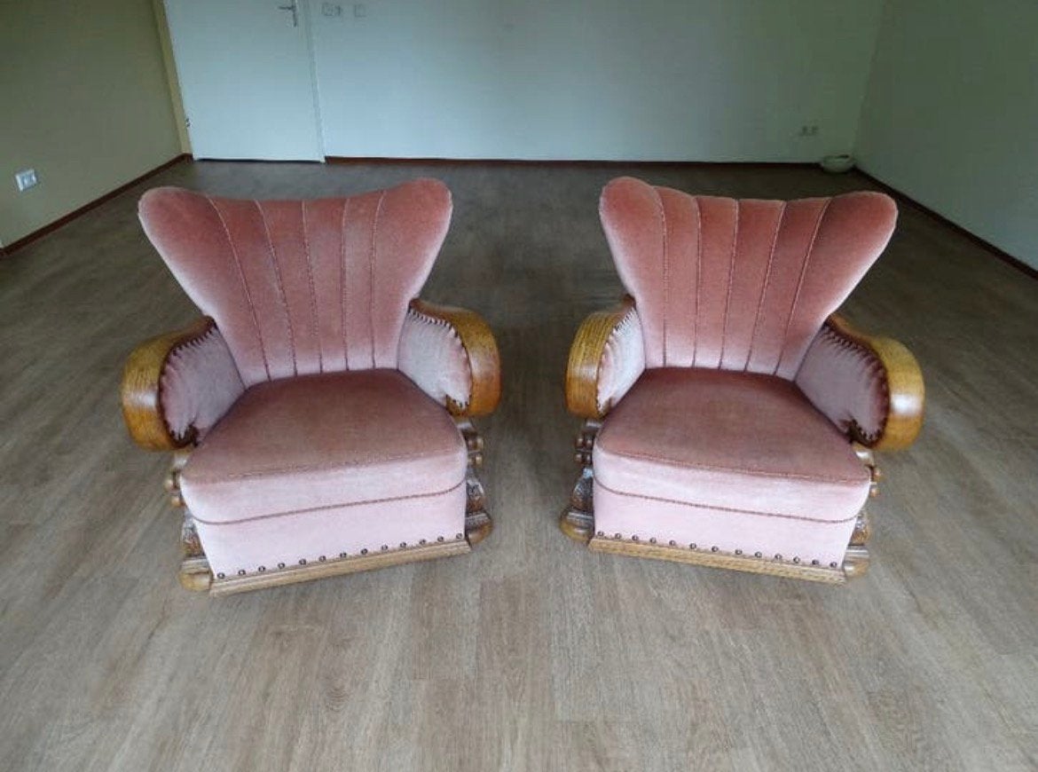 2 Art Deco fauteuils | dichte leuning | oudroze velours, Antiek en Kunst, Antiek | Meubels | Stoelen en Banken, Ophalen