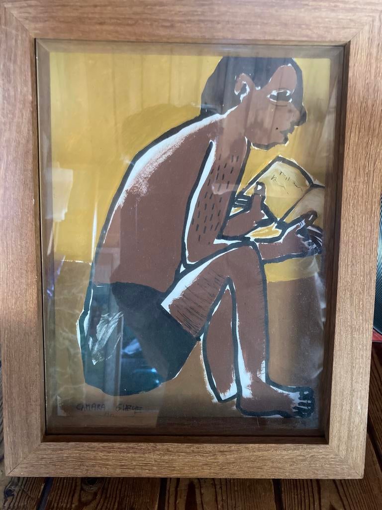 Camara Gueye - (1968) Senegal - schilderij in kist met glas, Antiek en Kunst, Ophalen