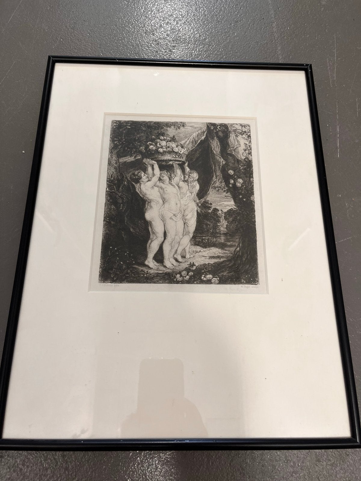 De Drie Gratiën - Ets naar Rubens, ingelijst, Antiek en Kunst, Kunst | Etsen en Gravures, 1800 - 1899, Ets, Mythologie, Ophalen of Verzenden