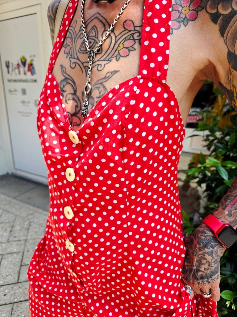 YV9536:True 1950s Handmade Polka Dot Halter Romper/Playsuit, Maat 38/40 (M), Vintage Handmade 1950s, Unknown, Unknown