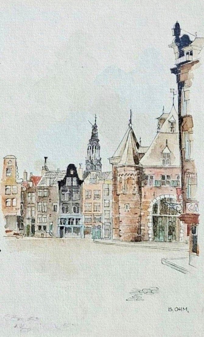 Zeldzame aquarel/pentekening Nieuwmarkt Amsterdam 1920-1930, Antiek en Kunst, Kunst | Tekeningen en Foto's, Ophalen of Verzenden