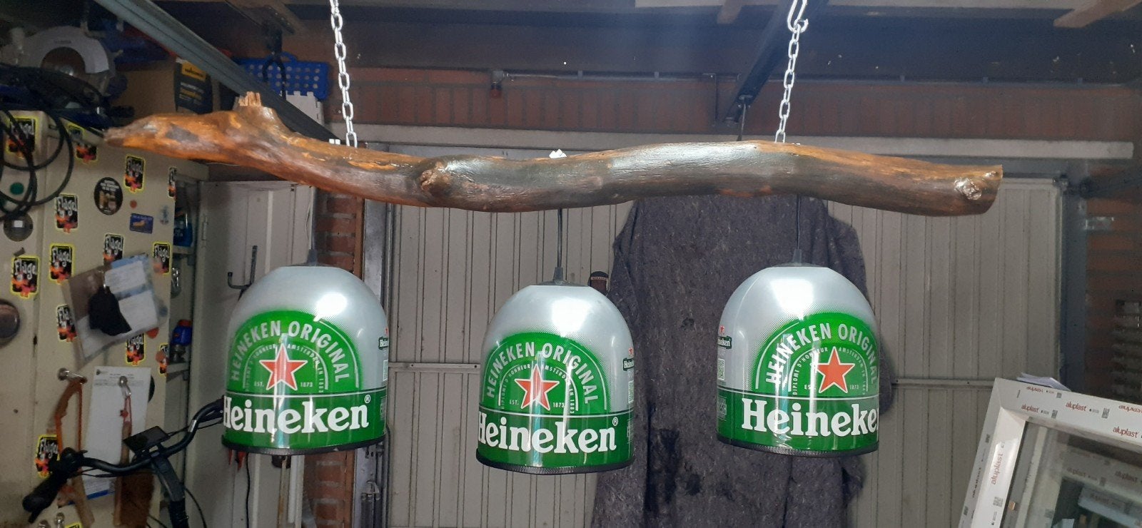3 x Heineken lampen, 2 lampen aan balk, 2 of 3 aan een stam, Ophalen of Verzenden, Minder dan 50 cm, Hout, Gebruikt