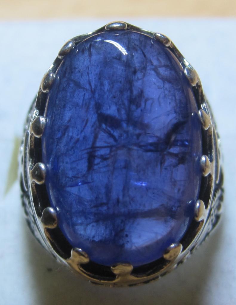 Tanzanite 20 krt %100 natuurlijk groot design ring zeldzaam, Ophalen, Blauw, Zo goed als nieuw, 17 tot 18