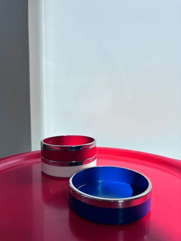 Vintage Bruckmann Space Age asbak set - Rood Wit Blauw, Vintage, Kunststof, Ophalen of Verzenden, Zo goed als nieuw