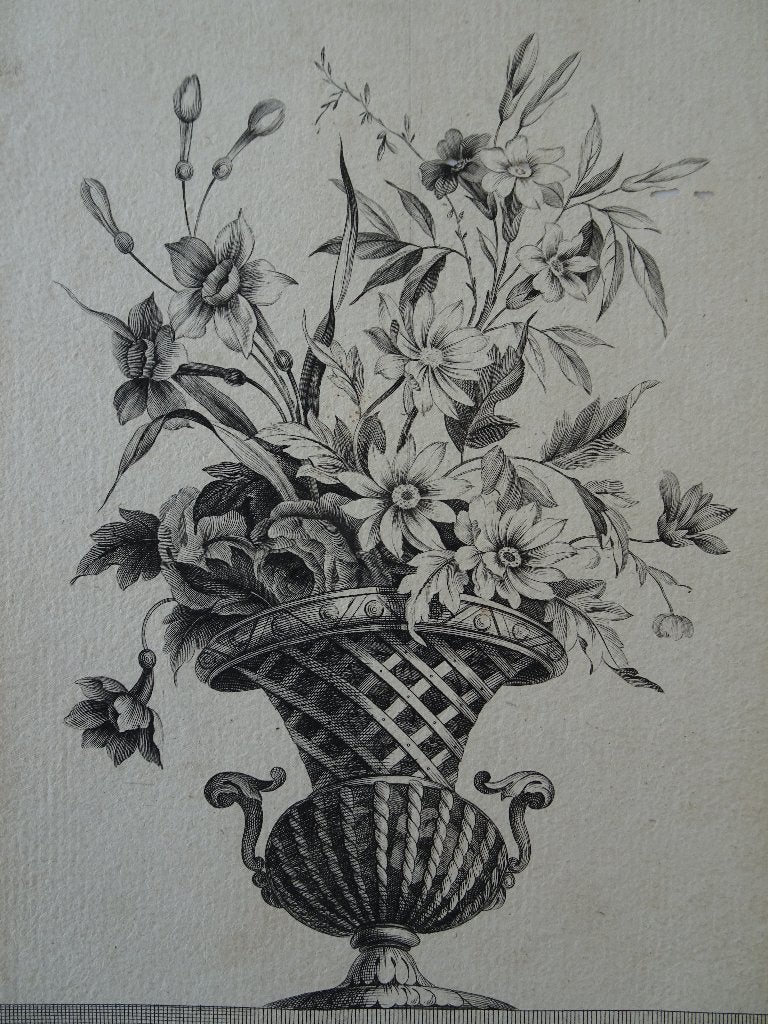 Gravure vaas met bloemen, narcissen lelies Avril l'Aine 1770, Antiek en Kunst, Verzenden, Gravure, Origineel, Flora en Fauna