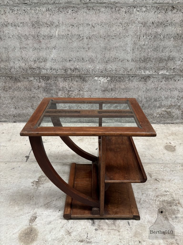 Unieke Art Deco sidetable jaren 30 met elegante boogpoot, 50 – 75, Minder dan 50 cm, 50 tot 100 cm, Overige houtsoorten