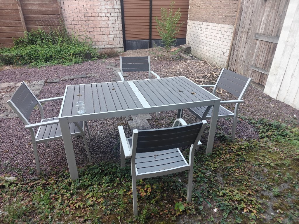 Tuinset- tafel + vier stoelen, Tuin en Terras, Tuinsets en Loungesets, Ophalen, Gebruikt, Aluminium, 4 zitplaatsen