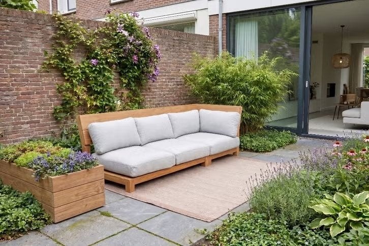 Outlet: Teak houten bank met Sunbrella kussens, Ophalen, Teakhout, Zo goed als nieuw, Loungeset