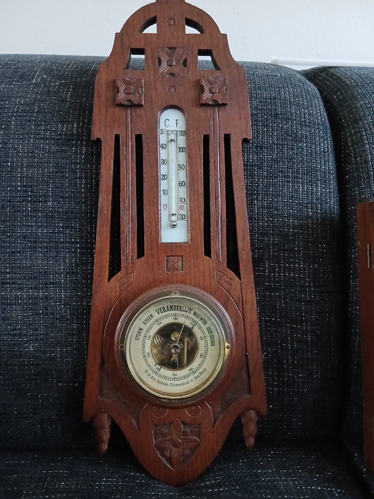 Antieke Barometer en Thermometer in Houten Behuizing, Ophalen of Verzenden, Gebruikt, Weerstation