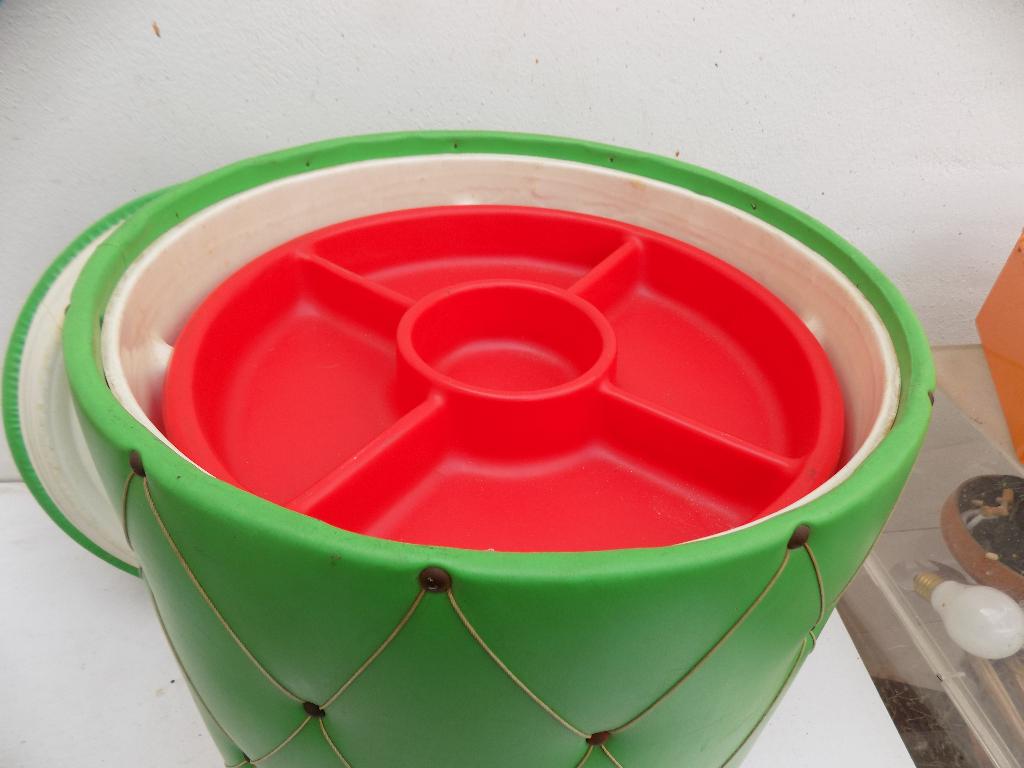 vintage 1950 Poef naaimeubel kruk met opbergruimte groen, Ophalen, Gebruikt