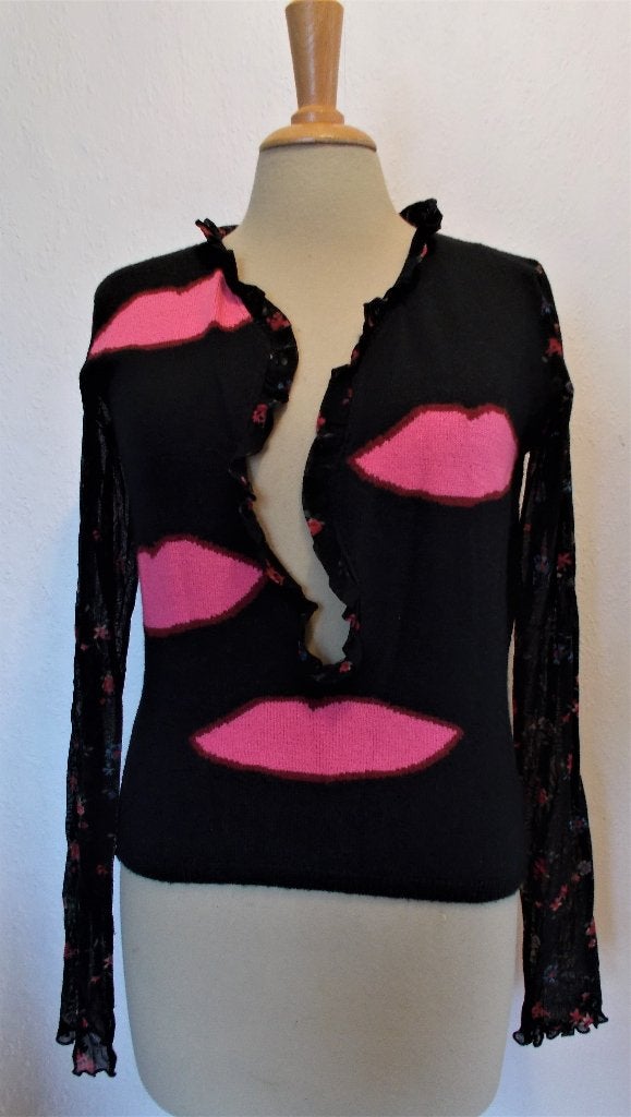 Grappige leuke zwart/roze mondjes top/trui van Twinset! M, Maat 38/40 (M), Zo goed als nieuw, Lange mouw, Meerkleurig