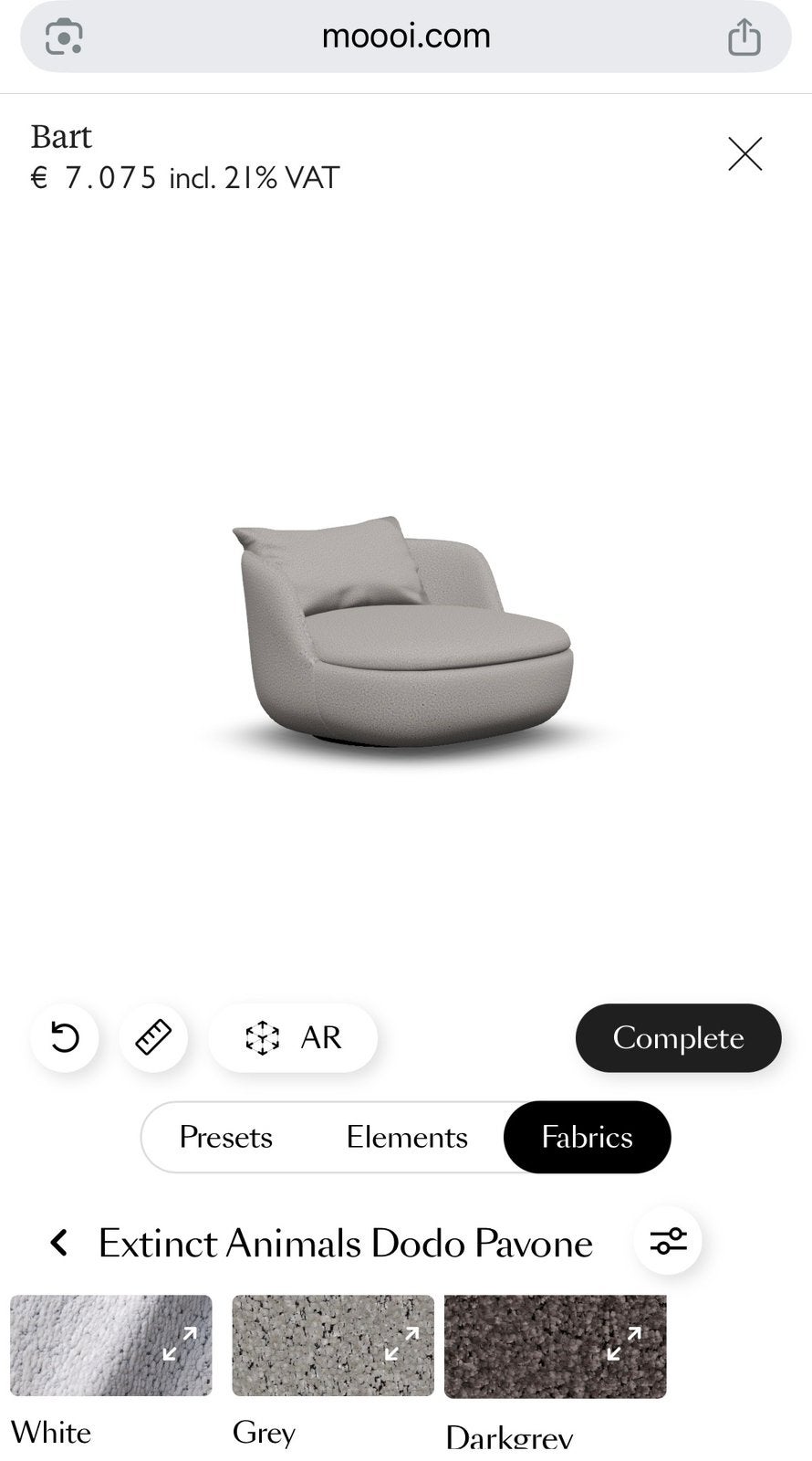 Moooi Bart Armchair Swivel –Dodo Pavone White –showroommodel, 100 tot 125 cm, Design, Ophalen of Verzenden, Zo goed als nieuw