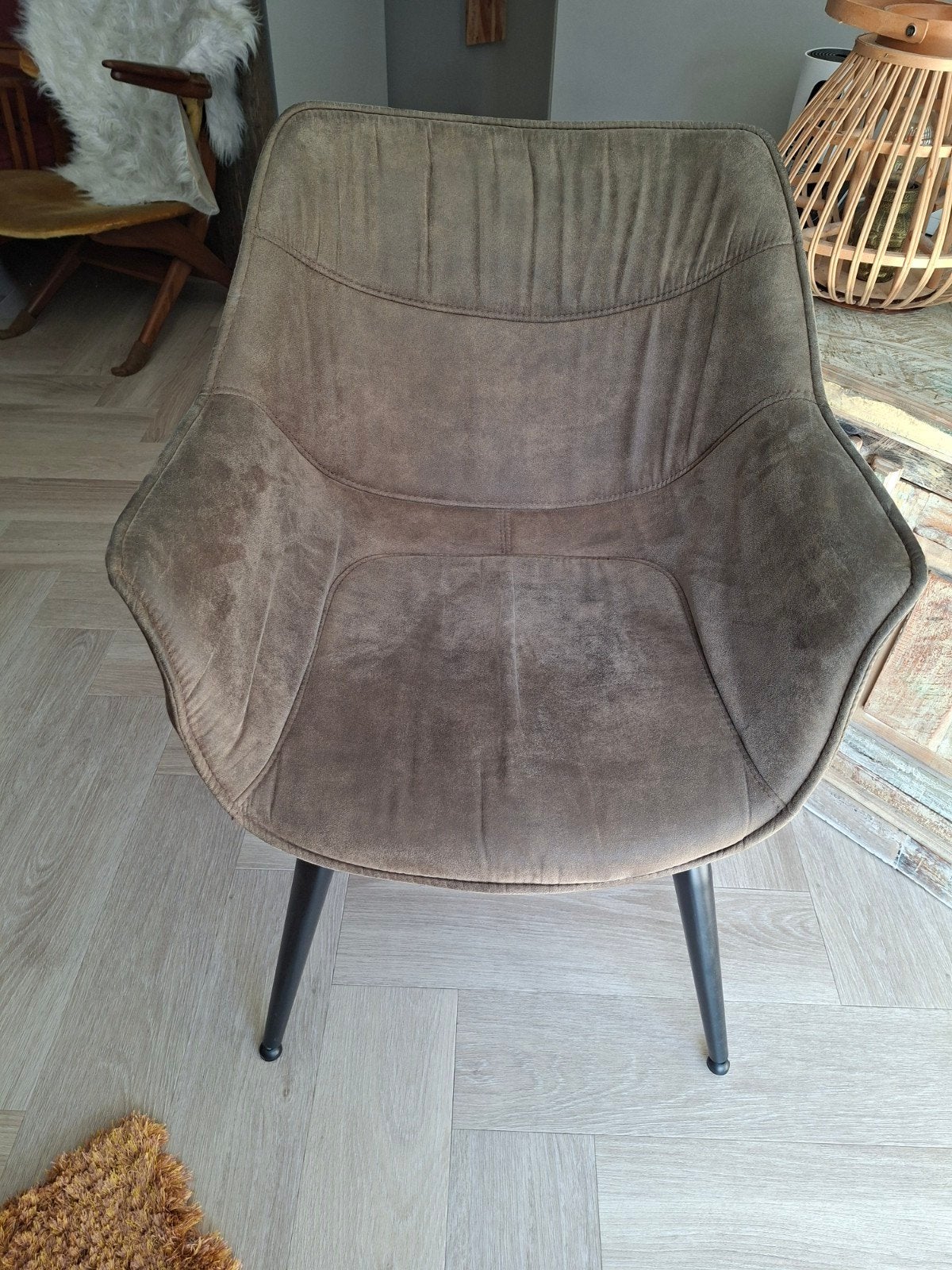 6 taupe eetkamerstoelen met Alcantara stof en stalen poten, Ophalen, Gebruikt, Overige kleuren, Metaal