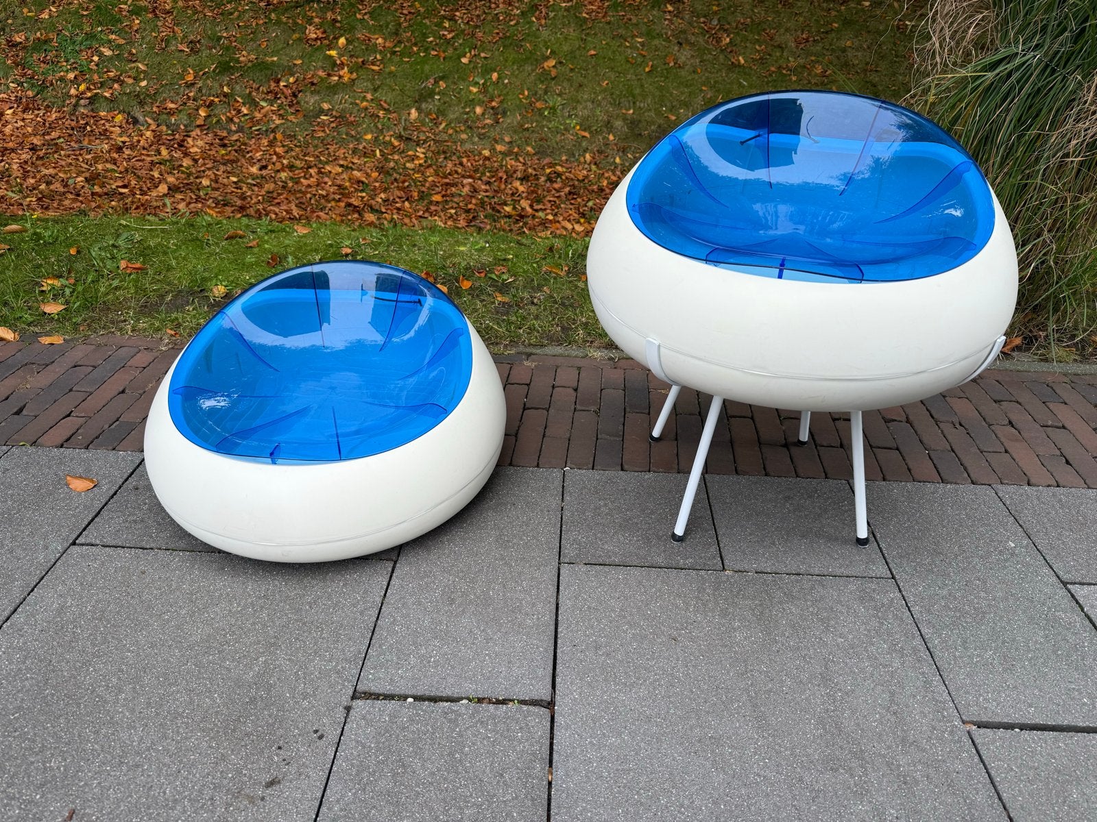 Vintage IKEA PS Ellan Stoel en Poef - Blauw/Wit, Ophalen, Kunststof, Gebruikt, Blauw