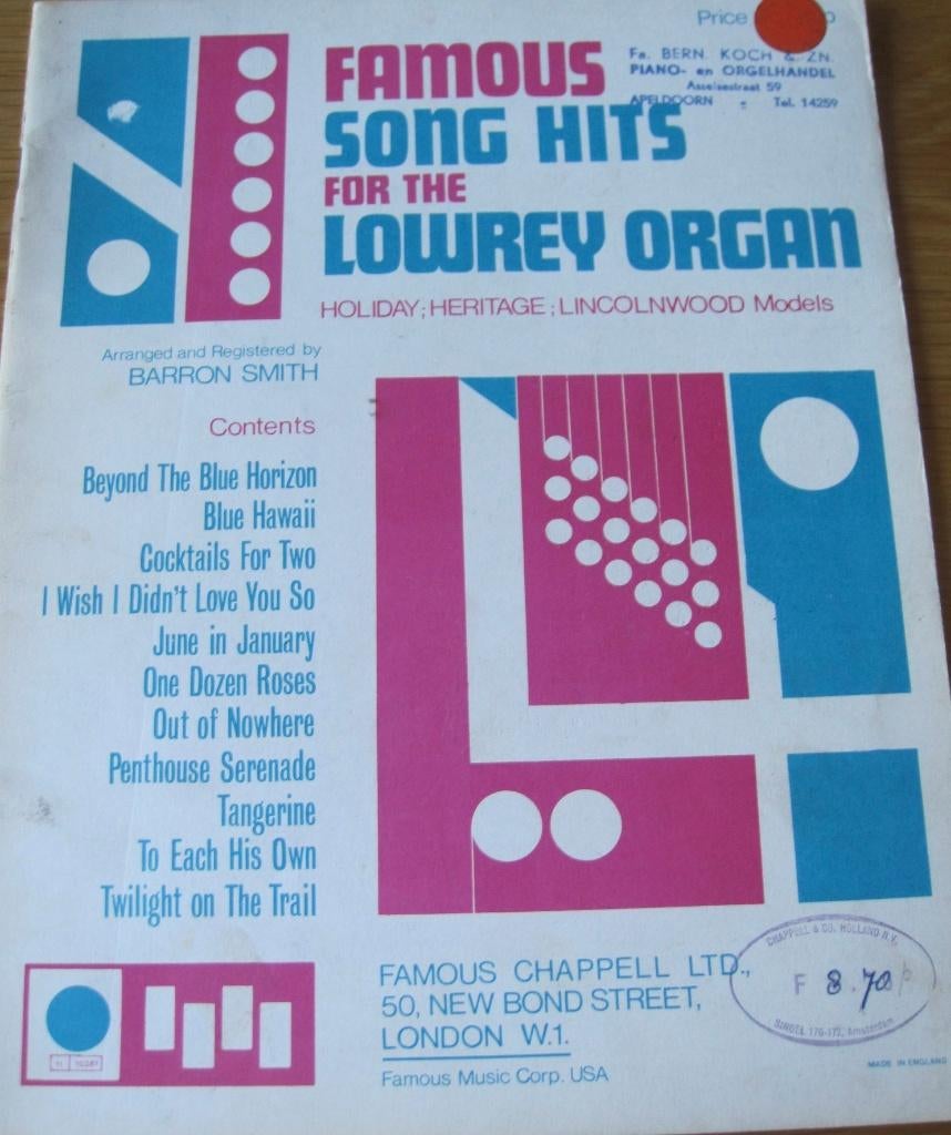 bladmuziek van bekende songs voor het Lowrey orgel, Orgel, Gebruikt, Ophalen of Verzenden, Thema