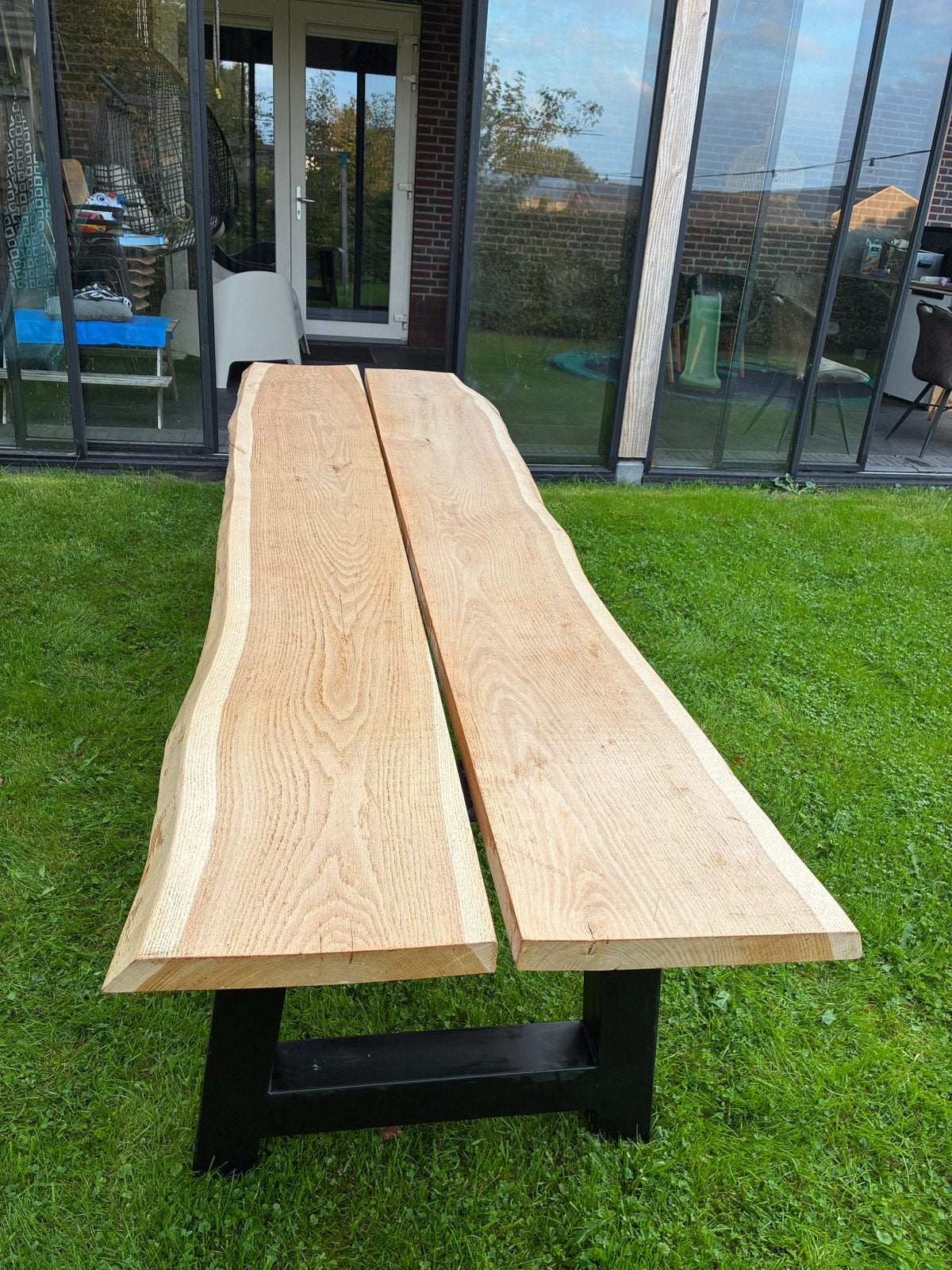 Eikenhouten tafel met stalen A-poten 3 meter lang 80cm breed, Eikenhout, 200 cm of meer, Zo goed als nieuw, Vijf personen of meer