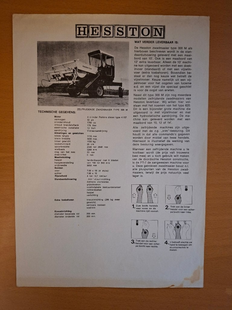 Folder Hesston zelfrijdende zwadmaaier type 300 M, Ophalen of Verzenden, Gelezen, Tractor en Landbouw