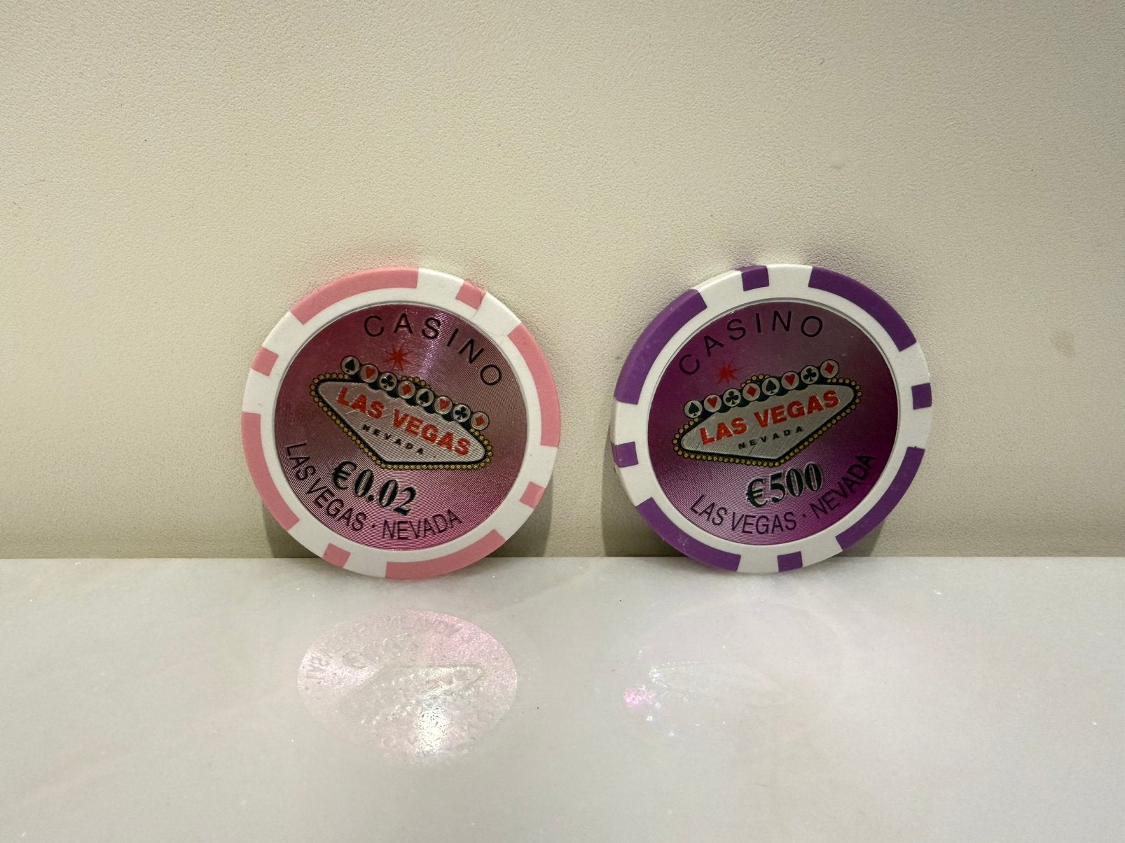 Poker chips roze en paars casino las vegas, Hobby en Vrije tijd, Ophalen, Zo goed als nieuw
