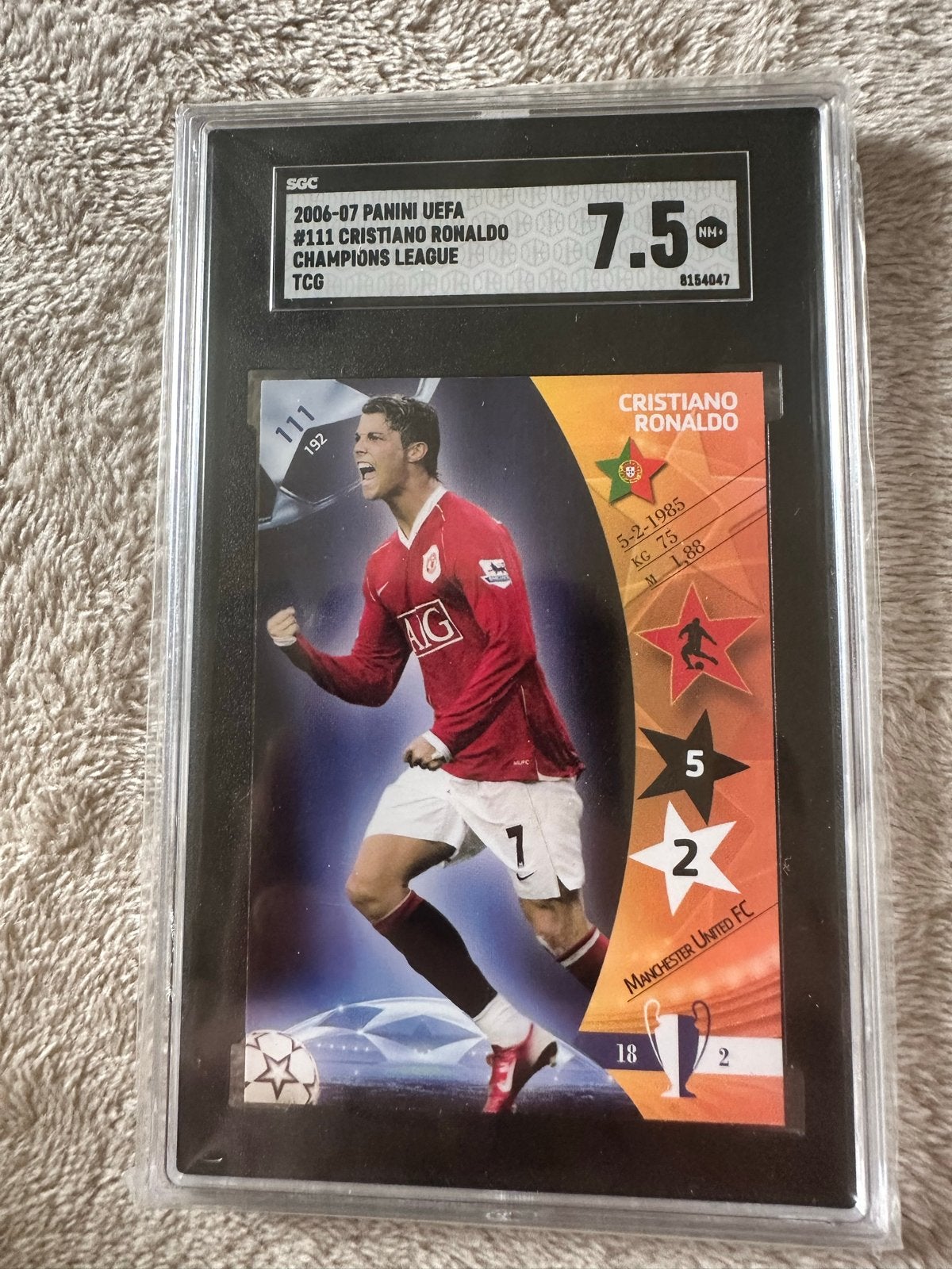Cristiano Ronaldo Panini UEFA Champions League 111 SGC 7.5, Ophalen of Verzenden, Zo goed als nieuw, Buitenlandse clubs, Spelerskaart