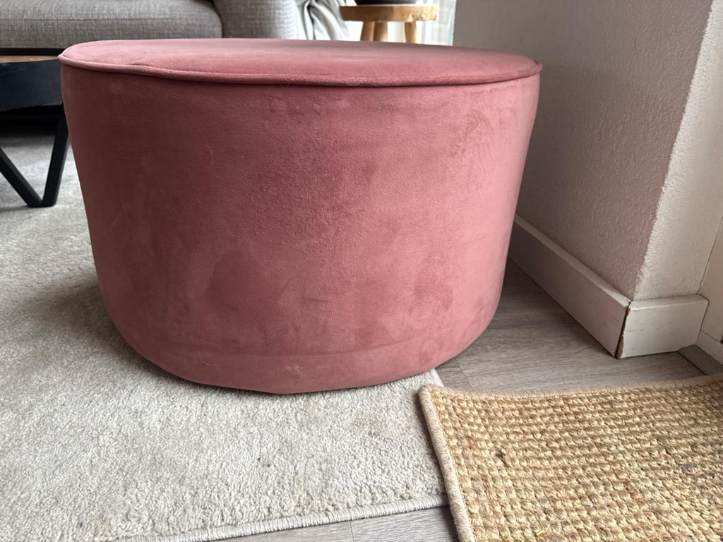 Wood Roze fluwelen poef/salontafel, Ophalen, Gebruikt, Rond, Stof