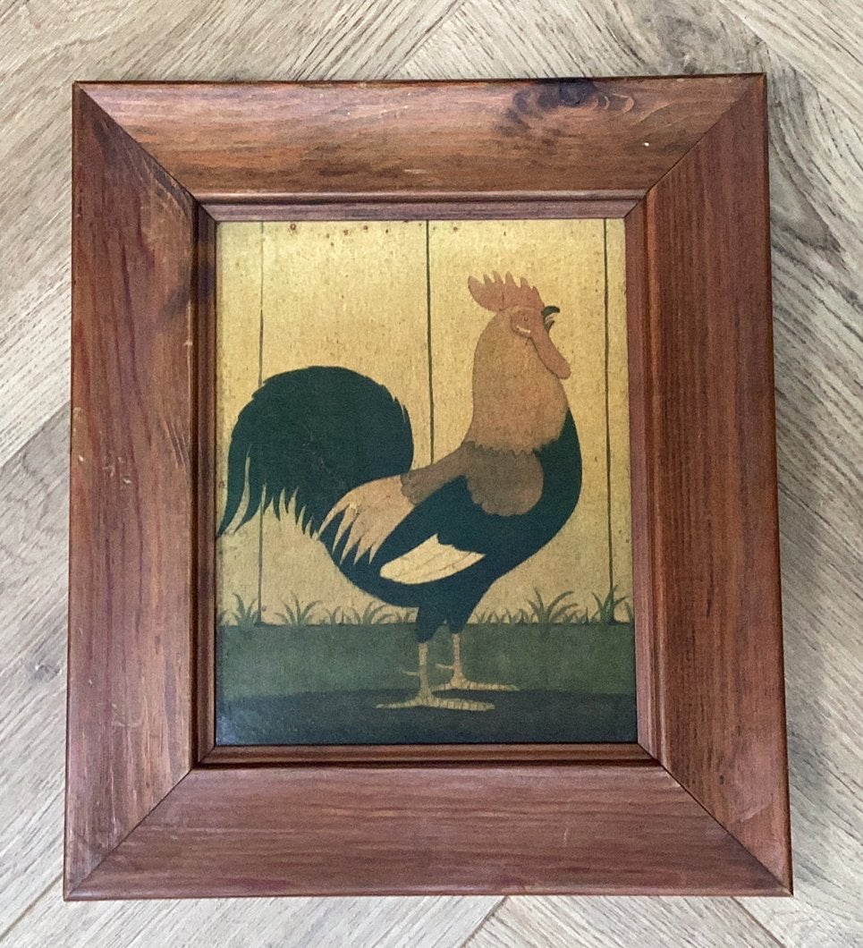 Schilderij van een haan in houten lijst, 32x37cm, Paneel, Realistisch, Dieren, Ophalen of Verzenden