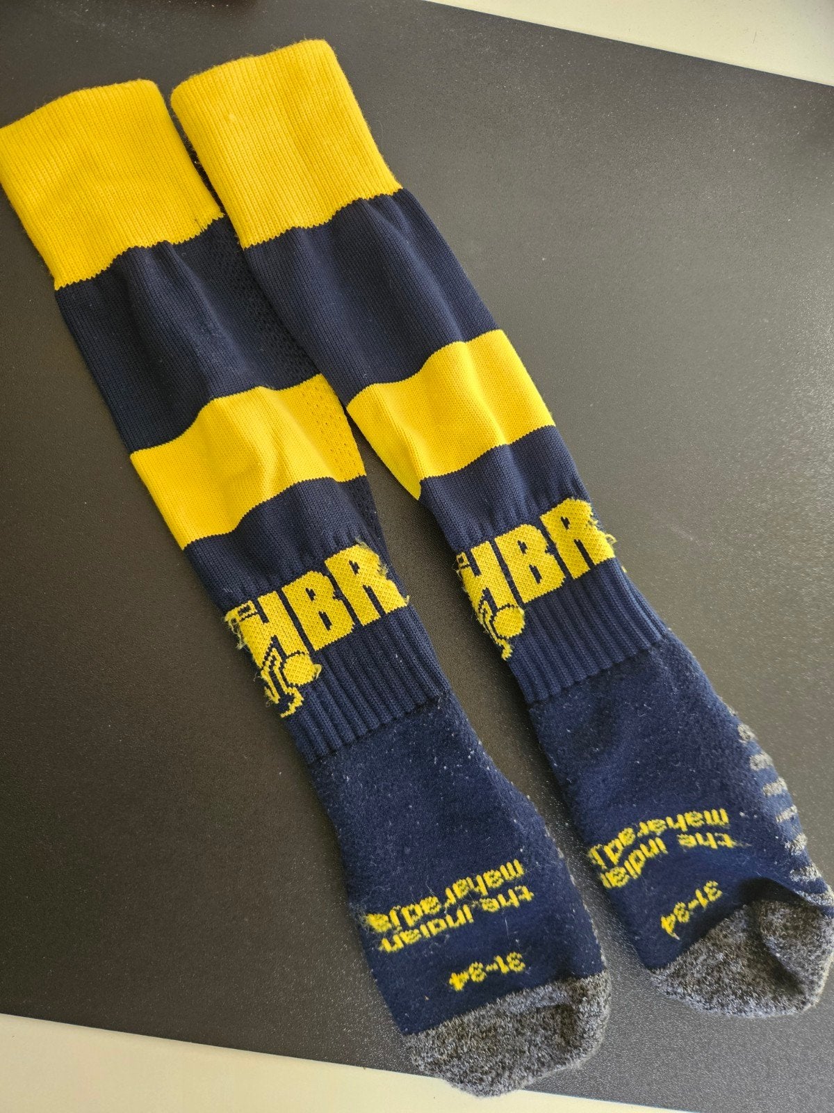 HBR Hockeysokken - Maat 31-34 - Donkerblauw/Geel, Ophalen of Verzenden, Gebruikt, Kleding