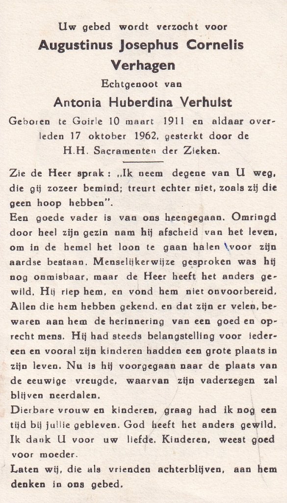 Verhagen Augustinus 1911 Goirle 1962, Ophalen of Verzenden, Bidprentje