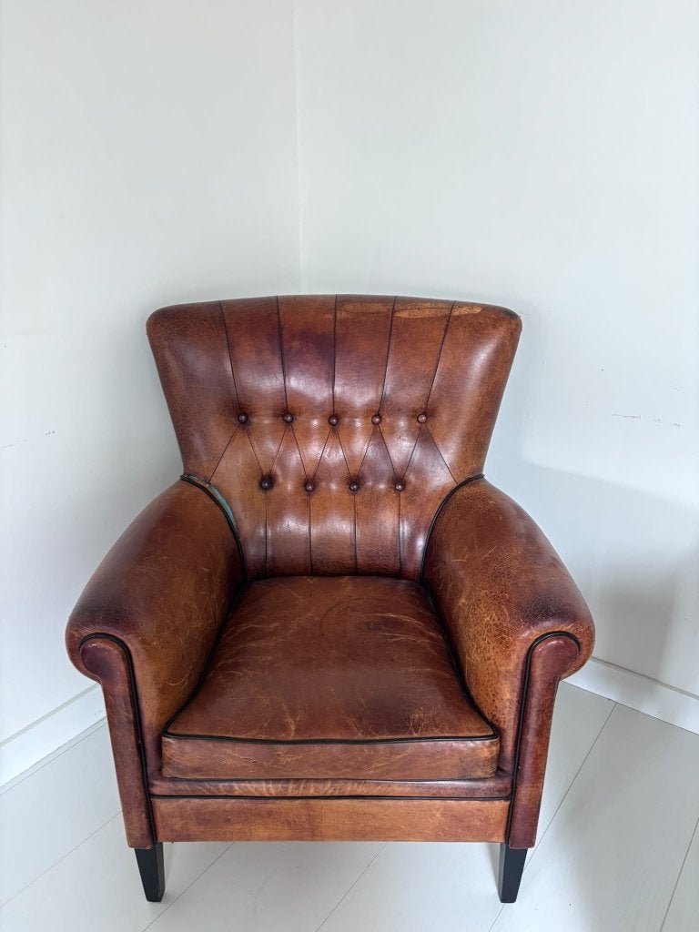 Leren Clubfauteuil Chesterfield Stijl - Cognac Bruin, Huis en Inrichting, Ophalen, Gebruikt, Clubfauteuil Chesterfield Stijl - Cognac Bruin